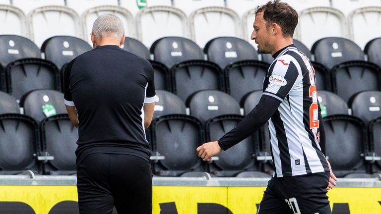 PAISLEY, SCOTLAND - AUGUST 07: St Mirren's Kristian Dennis is sent off during a cinch Premiership match between St Mirren and Hearts at SMISA Stadium, on August 07, 2021, in Paisley, Scotland (Photo by Alan Harvey / SNS Group)