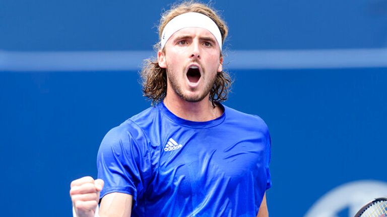 Stefanos Tsitsipas (GRE) celebrates after winning his National Bank Open tennis tournament quarterfinals game on August 13, 2021, at Aviva Centre in Toronto, ON, Canada. (Photo by Julian Avram/Icon Sportswire) (Icon Sportswire via AP Images)