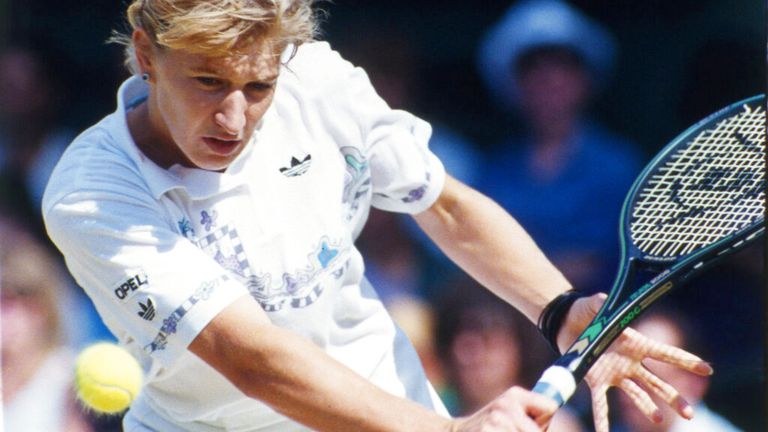 Defending champion Steffi Graf from Germany moves to return to Spain&#39;s Arantxa Sanchez-Vicario, during their Women&#39;s Singles quaterfinal match on Wimbledon&#39;s Centre Court, London, England, 5 July 1989. Graf won the match to reach the semifinals of the tournament, where she will meet Chris Evert. (AP Photo/Dave Caulkin)