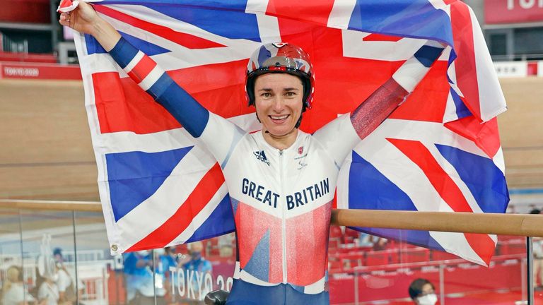 Dame Sarah Storey celebrating her 15th Paralympic gold medal