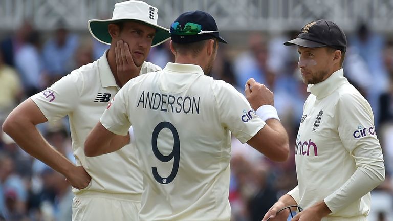 From left, Stuart Broad, James Anderson and Joe Root 