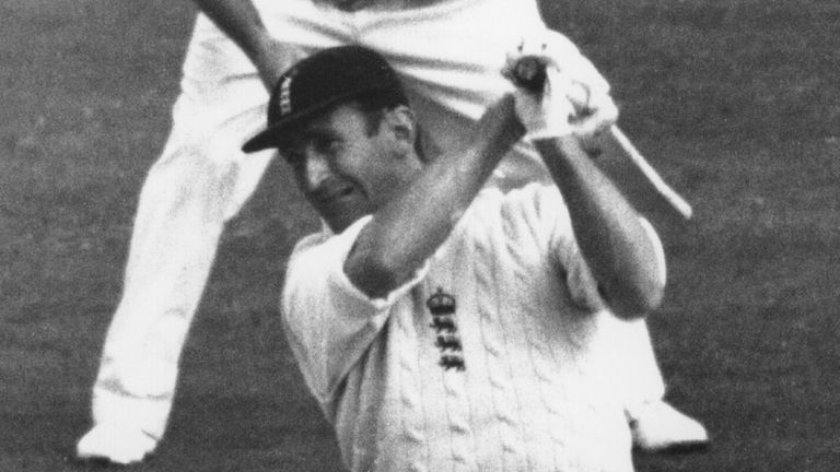 8 JUN 1964: ENGLAND CAPTAIN TED DEXTER DRIVES CORLING TO THE BOUNDARY DURING ENGLAND's SECOND INNINGS ON THE FOURTH DAY OF THE FIRST TEST MATCH AGAINST AUSTRALIA AT TRENT BRIDGE