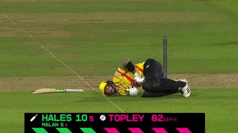 Trent Rockets' Alex Hales takes two deliveries to the groin in successive deliveries. 