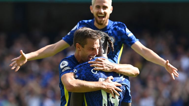 Trevoh Chalobah celebrates with teammate Cesar Azpilicueta after scoring Chelsea's thrid