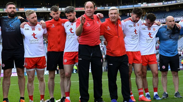 28 August 2021; Tyrone joint-manager Feargal Logan, fifth from left, talks with his players after the GAA Football All-Ireland Senior Championship semi-final match between Kerry and Tyrone at Croke Park in Dublin. Photo by Piaras .. M..dheach/Sportsfile