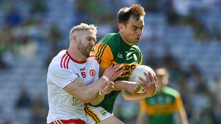 28 August 2021; Jack Barry of Kerry in action against Frank Burns of Tyrone during the GAA Football All-Ireland Senior Championship semi-final match between Kerry and Tyrone at Croke Park in Dublin. Photo by Brendan Moran/Sportsfile
