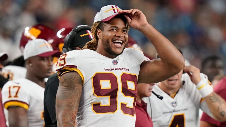 Chase Young had 42 tackles, 7.5 sacks, four forced fumbles, three fumble recoveries including one that went for a touchdown, and four pass defenses in his rookie year. (AP)