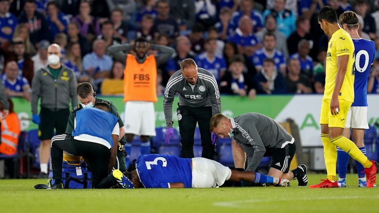Wesley Fofana receives medical attention on the pitch during the pre-season friendly against Villarreal at the King Power Stadium on Wednesday