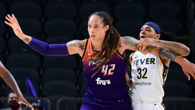 Brittney Griner #42 of the Phoenix Mercury fights for position during the game against the Indiana Fever on August 17, 2021 at Footprint Center in Phoenix, Arizona. 