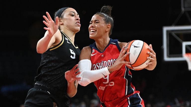 Natasha Cloud #9 of the Washington Mystics drives to the basket during the game against the Las Vegas Aces on August 15, 2021 at Michelob ULTRA Arena in Las Vegas, Nevada. 