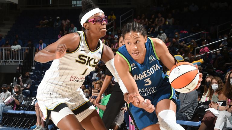  AUGUST 21: Diamond DeShields #1 of the Chicago Sky plays defense on Aerial Powers #3 of the Minnesota Lynx on August 21, 2021 at the Wintrust Arena in Chicago, Illinois. 