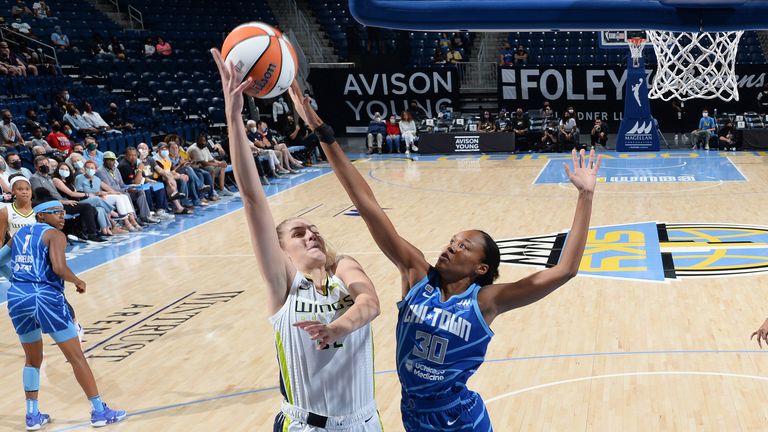  Bella Alarie #32 of the Dallas Wings drives to the basket during the game against the Chicago Sky on August 17 2021 at the Wintrust Arena in Chicago, Illinois. 