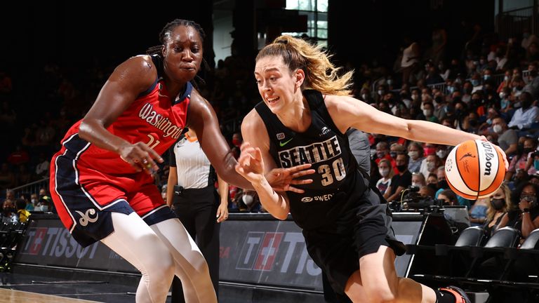 Breanna Stewart #30 of the Seattle Storm drives to the basket during the game against the Washington Mystics on August 22, 2021 at the Entertainment & Sports Arena in Washington, DC.