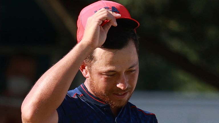 U.S. SCHAUFFELE Xander reacts during 18th hole of Golf men's individual stroke play round 4 in Tokyo Olympic Games at Kasumigaseki Country Club in Kawagoe City, Saitama Prefecture on August 1, 2021. SCHAUFFELE Xander of United States won the event to claim gold medal.   ( The Yomiuri Shimbun via AP Images )