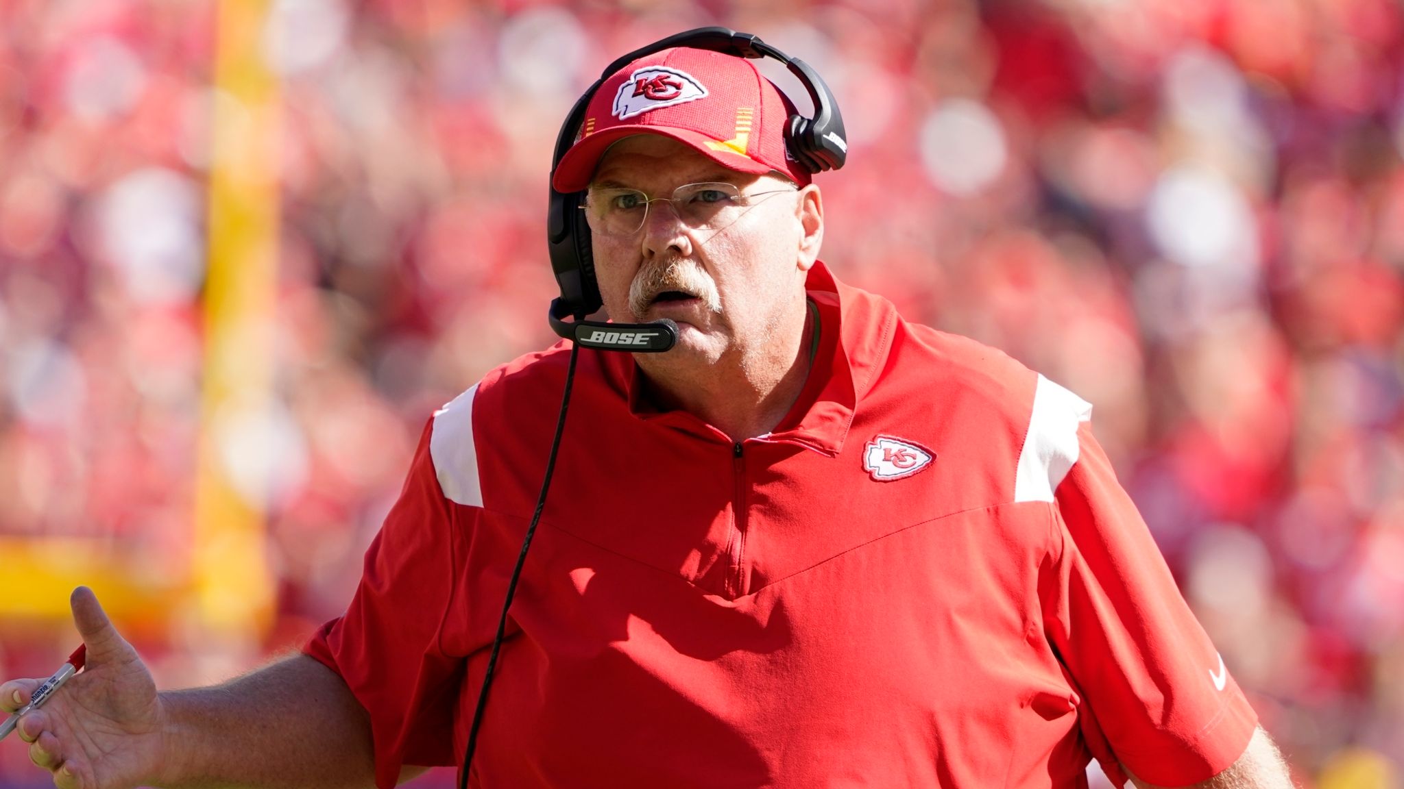 Kansas City Chiefs head coach Andy Reid looks at a replay during an NFL  football game against the Buffalo Bills Sunday, Oct. 16, 2022, in Kansas  City, Mo. (AP Photo/Ed Zurga Stock