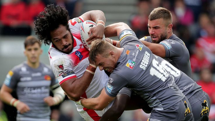 St Helens v Catalans Dragons - Betfred Super League - Totally Wicked Stadium
Saint Helens' Agnatius Paasi is tackled during the Betfred Super League match at the Totally Wicked Stadium, St Helens. Picture date: Saturday August 7, 2021.