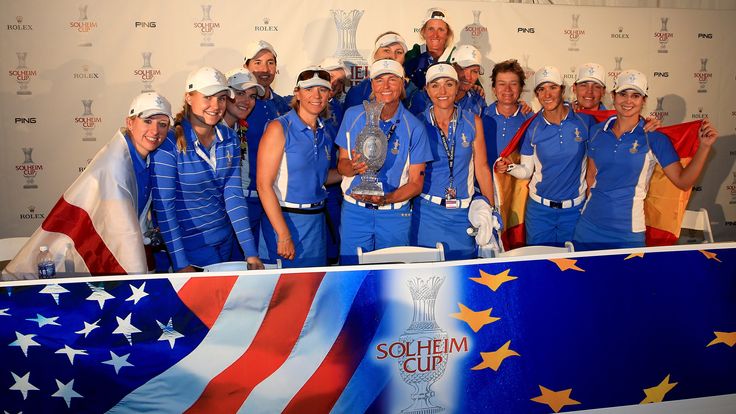 The victorious European team with the trophy at the 2013 Solheim Cup