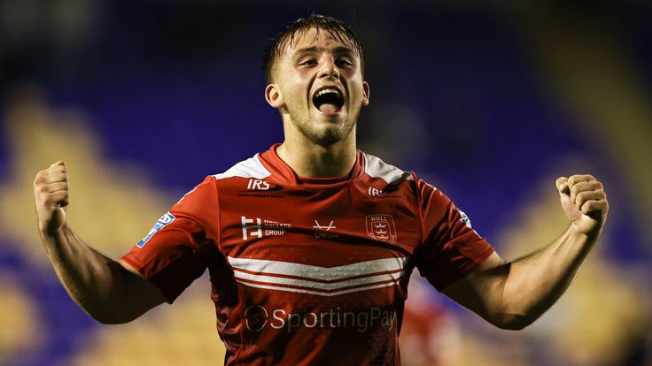 Picture by Paul Currie/SWpix.com - 24/09/2021 - Rugby League - Betfred Super League Playoffs - Eliminator Game 2 - Warrington Wolves v Hull KR - Halliwell Jones Stadium, Warrington, England - Hull Kingston Rovers' Mikey Lewis celebrates at full time