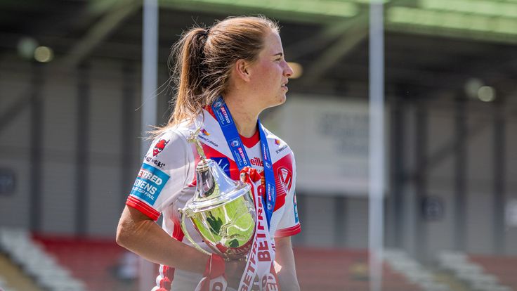 Picture by Alex Whitehead/SWpix.com - 05/06/2021 - Rugby League - Betfred Women's Challenge Cup Final - York City Knights v St Helens - Leigh Sports Village, Leigh, England - St Helens Tara Jones with the trophy.