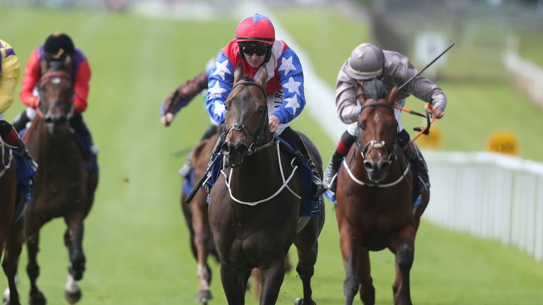 Gustavus Weston ridden by jockey Gary Carroll (second right) on their way to winning the Rathasker Stud Phoenix Sprint Stakes at Curragh Racecourse.