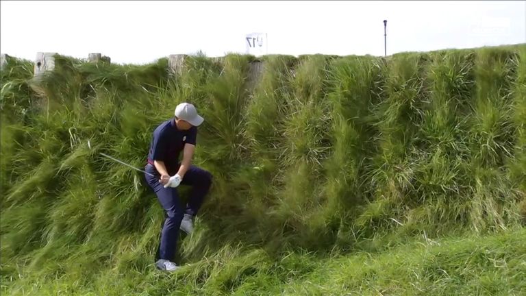 Jordan Spieth produced an incredible recovery from thick grass on a hill, hitting his blind shot inside 10 feet on the 17th par-3! 