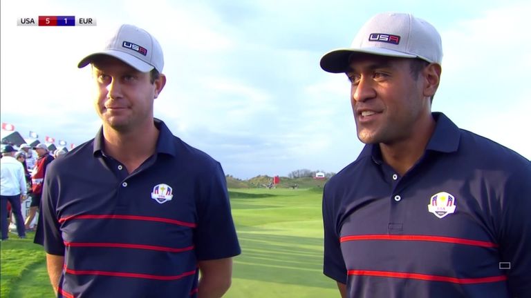 Harris English and Tony Finau reflect on a resounding 4&3 victory over Rory McIlroy and Shane Lowry in the Friday fourballs at the Ryder Cup
