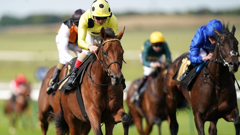 Andrea Atzeni riding Subastar on his way to winning the British Stallion Studs EBF Maiden Stakes at Newmarket