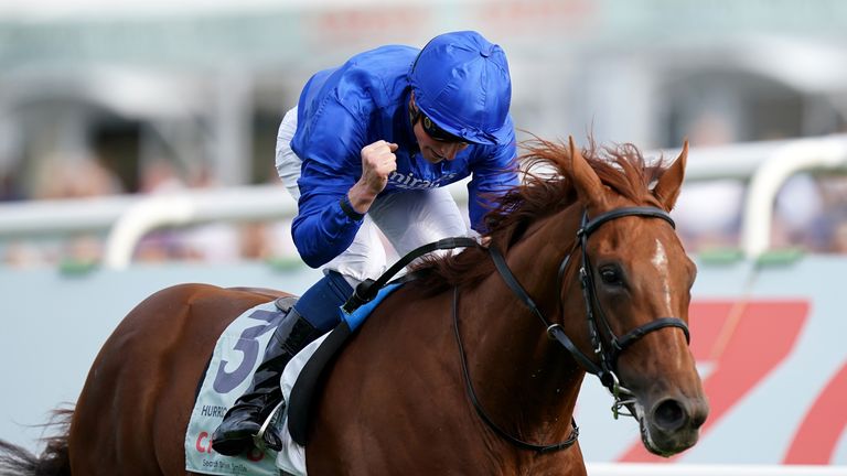 Hurricane Lane and William Buick coming home to win the Cazoo St Leger Stakes 