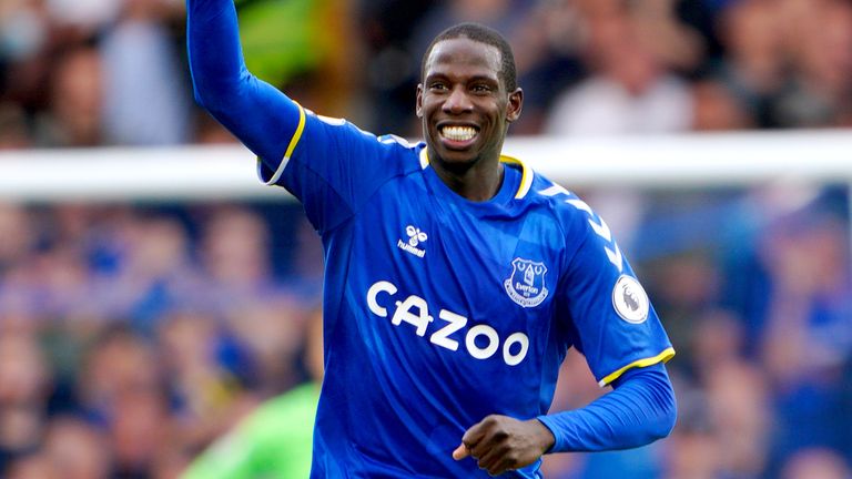 Abdoulaye Doucoure celebrates scoring Everton's second goal of the game