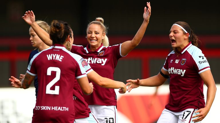 Adriana Leon celebrates scoring the opening goal against Aston Villa