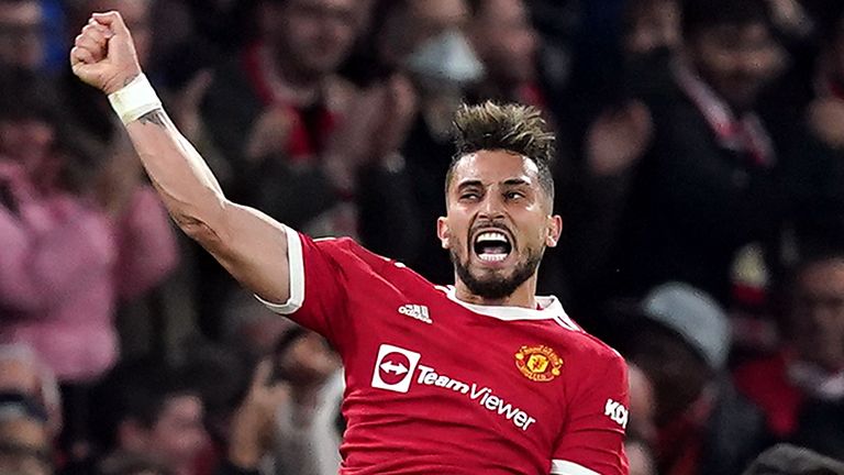 Manchester United's Alex Telles celebrates scoring their side's first goal of the game during the UEFA Champions League, Group F match at Old Trafford, Manchester. Picture date: Wednesday September 29, 2021