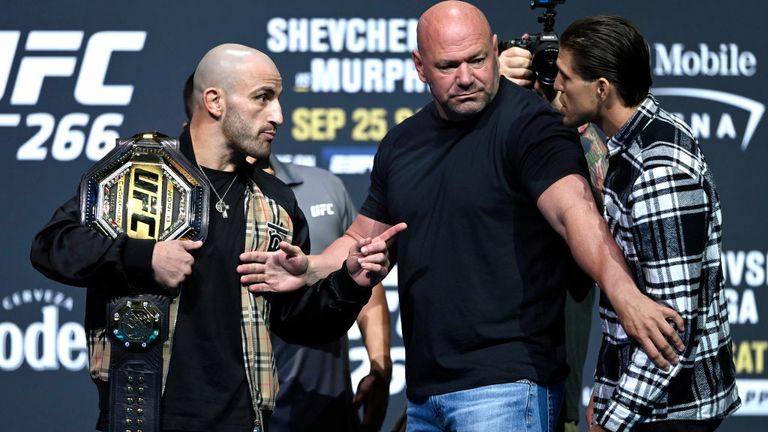 Opponents Alexander Volkanovski of Australia and Brian Ortega face off during the UFC 266 press conference at Park Theater at Park MGM on September 23, 2021 in Las Vegas, Nevada. (Photo by Jeff Bottari/Zuffa LLC)