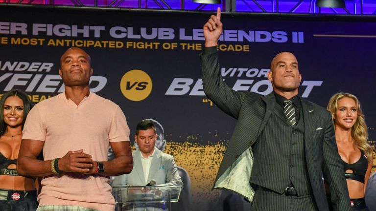 Anderson Silva (L) and Tito Ortiz pose during a press conference ahead of their cruiserweight fight on September 11 at The Harbor Beach Marriott on September 9, 2021 in Fort Lauderdale, Florida. (Photo by Eric Espada/Getty Images)