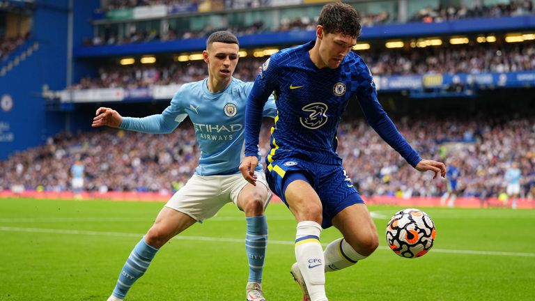 Andreas Christensen of Chelsea is put under pressure by Phil Foden