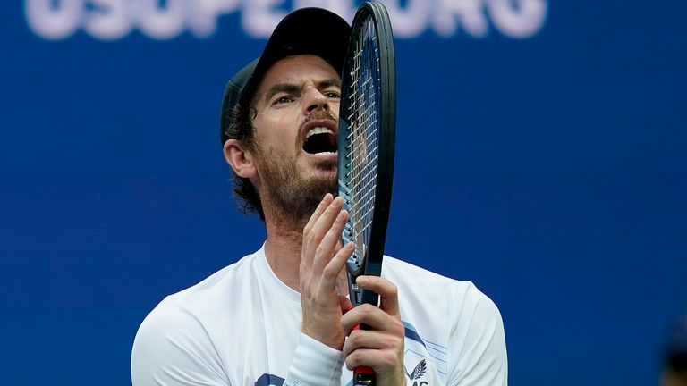 Andy Murray, of Great Britain, reacts after losing a point to Stefanos Tsitsipas, of Greece, during the first round of the US Open tennis championships, Monday, Aug. 30, 2021, in New York. (AP Photo/Seth Wenig)