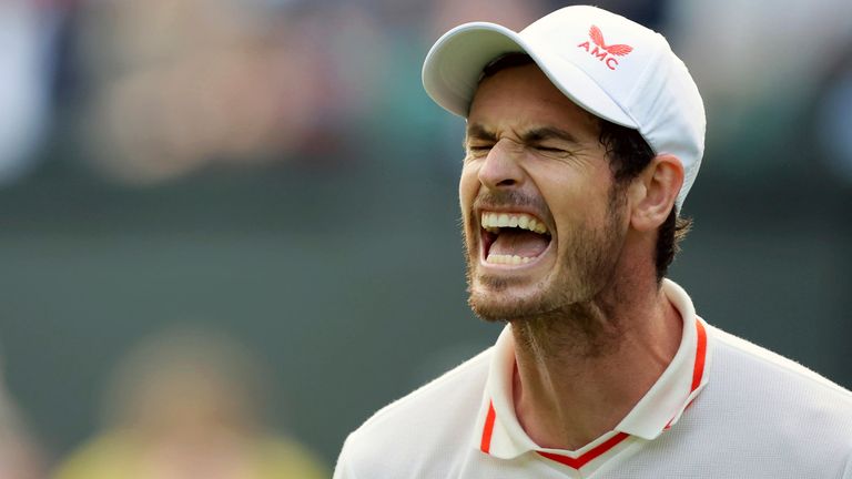 Andy Murray of Great Britain reacts during the men's singles first round of the Championships, Wimbledon against Nikoloz Basilashvili of Georgia at the All England Lawn Tennis and Croquet Club in London, United Kingdom on June 28, 2021. ( The Yomiuri Shimbun )