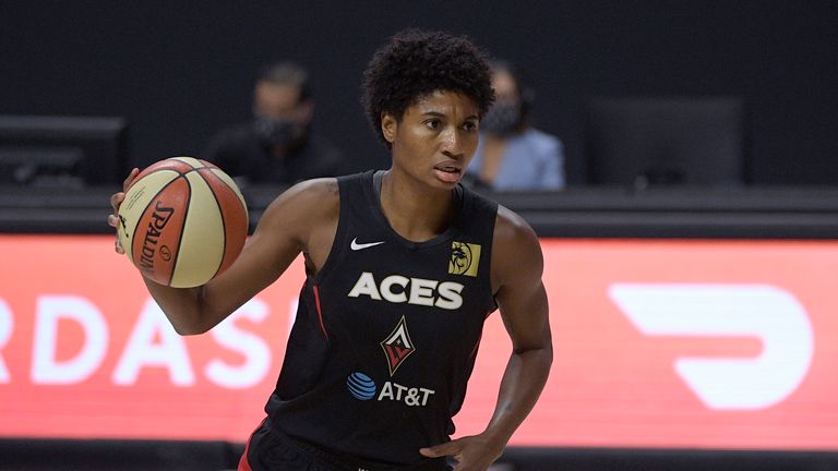 Las Vegas Aces forward Angel McCoughtry (35) sets up a play during the first half of Game 2 of basketball's WNBA Finals against the Seattle Storm, Sunday, Oct.  4, 2020, in Bradenton, Fla.  (AP Photo/Phelan M. Ebenhack)