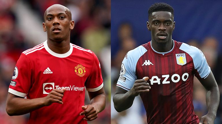 Manchester United&#39;s Anthony Martial and Aston Villa loanee Axel Tunazebe