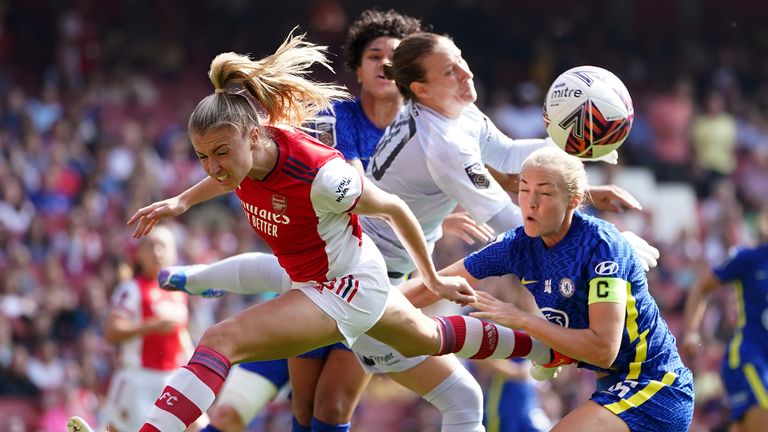 Arsenal v Chelsea - FA Women&#39;s Super League - Emirates Stadium
Arsenal&#39;s Leah Williamson challenges for the ball during the FA Women&#39;s Super League match at the Emirates Stadium, London. Picture date: Sunday September 5, 2021.