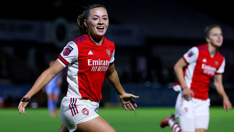 Katie McCabe celebrates scoring Arsenal's third