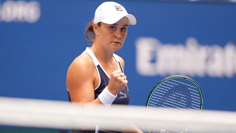 Ashleigh Barty reacts during a Women's Singles match at the 2021 US Open, Tuesday, Aug. 31, 2021 in Flushing, NY. (Darren Carroll/USTA)