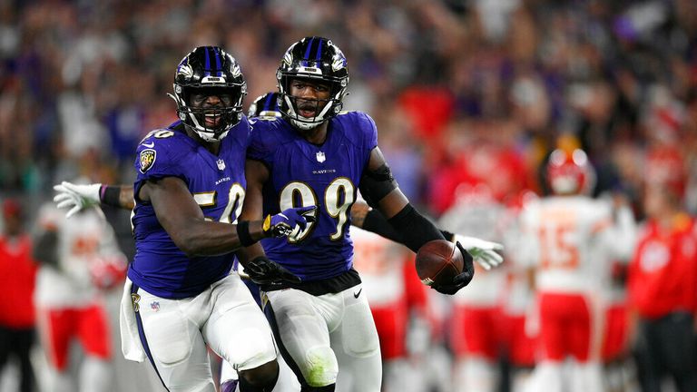 Baltimore Ravens linebacker Odafe Oweh (99) celebrates his fumble recovery in the second half of an NFL football game against the Kansas City Chiefs, Sunday, Sept. 19, 2021, in Baltimore. (AP Photo/Nick Wass)