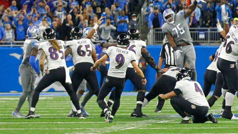 Baltimore Ravens kicker Justin Tucker (9) kicks a 66-yard field goal in the second half of an NFL football game against the Detroit Lions in Detroit, Sunday, Sept. 26, 2021. Baltimore won 19-17. (AP Photo/Tony Ding)