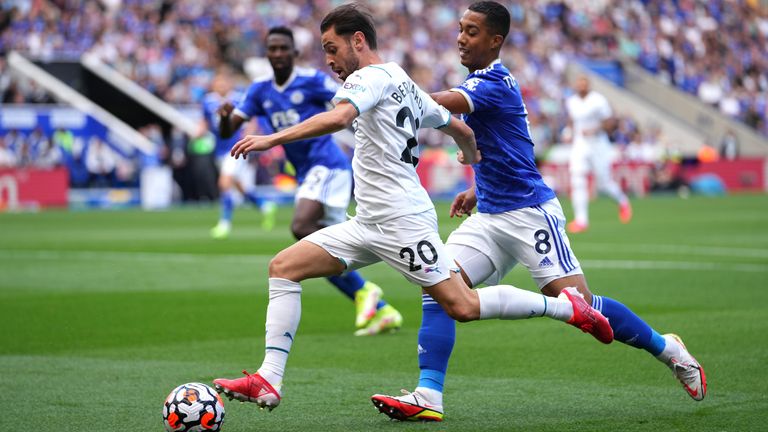 Bernardo Silva battles for possession with Youri Tielemans