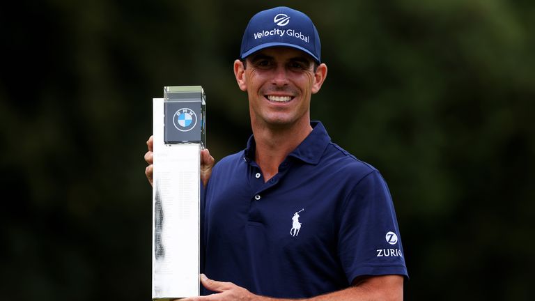 Billy Horschel proudly displays the trophy after winning the BMW PGA Championship