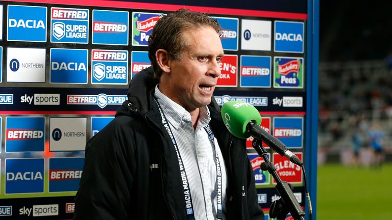 Picture by Ed Sykes/SWpix.com - 04/09/2021 - Rugby League - Dacia Magic Weekend 2021 - Leeds v Hull FC - St. James's Park, Newcastle, England - Hull FC head coach Brett Hodgson is interviewed at half time and ahead of his team's match