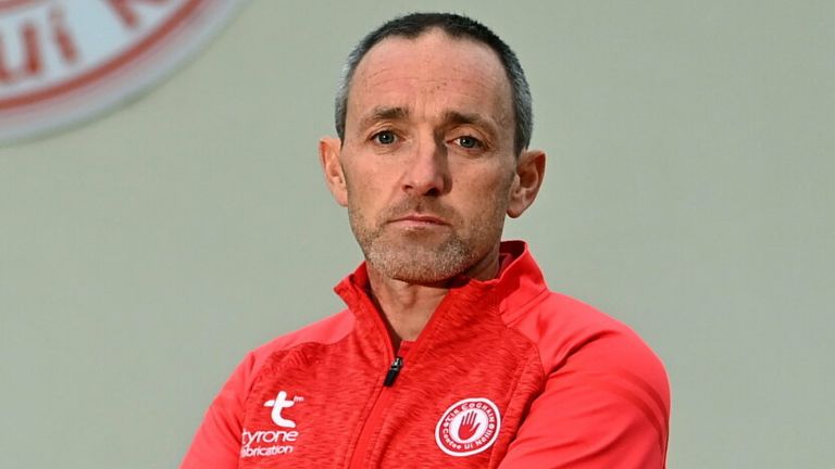 31 August 2021; Tyrone joint-manager Brian Dooher poses for a portrait during a Tyrone senior football media conference at Tyrone GAA Centre in Garvaghey, Tyrone. Photo by E..in Noonan/Sportsfile