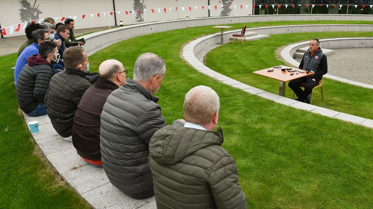 31 August 2021; Tyrone joint-manager Brian Dooher speaking to the media during a Tyrone senior football media conference at Tyrone GAA Centre in Garvaghey, Tyrone. Photo by E..in Noonan/Sportsfile