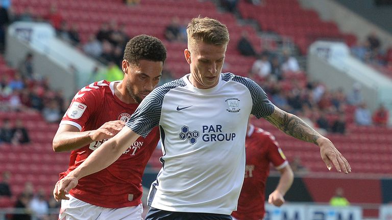 BRISTOL, ENGLAND - SEPTEMBER 11: Preston North End's Emil Riis Jakobsen shields the ball from Bristol City's Zak Vyner during the Sky Bet Championship match between Bristol City and Preston North End at Ashton Gate on September 11, 2021 in Bristol, England. (Photo by Ian Cook - CameraSport via Getty Images)                                                                                                                                   