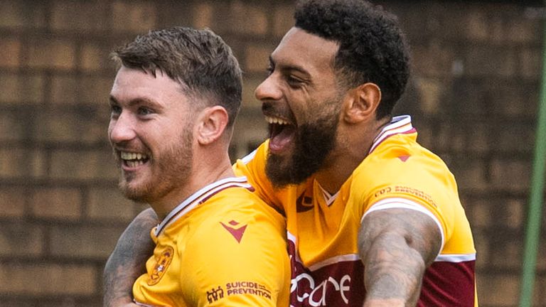 MOTHERWELL, SCOTLAND - SEPTEMBER 25: Callum Slattery celebrates with Kaiyne Woolery after scoring to make it 1-0 Motherwell  during a cinch Premiership match between Motherwell and Ross County at Fir Park, on September 25, 2021, in Motherwell, Scotland. (Photo by Craig Foy / SNS Group)